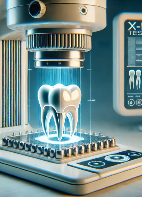 DALL·E 2025-01-14 17.34.09 - An abstract yet professional depiction of an X-Ray testing setup in a biomaterials laboratory. The focus is on the test area where a dental material s